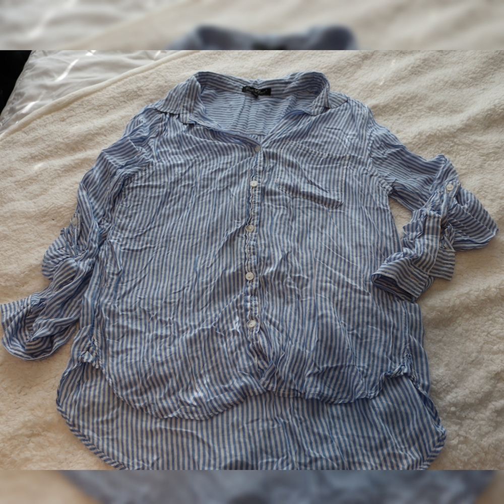 Blue Striped Button Up Long Sleeve Blouse